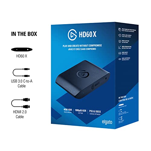 Elgato HD60 X - Stream and Record in 1080p60 HDR10 or 4K30 with Ultra-low Latency on PS5/Pro, PS4/Pro, Xbox Series X/S, Xbox One X/S, in OBS and More, Works with PC and Mac