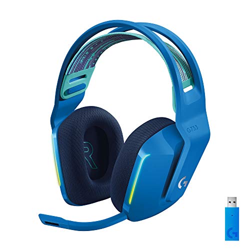 Logitech G733 LIGHTSPEED Wireless Gaming Headset with suspension headband, LIGHTSYNC RGB, Blue VO!CE mic technology and PRO-G audio drivers - White