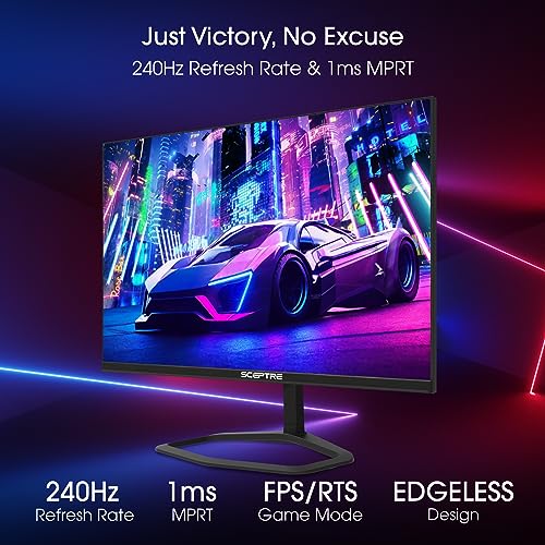 Sceptre Curved 24.5-inch Gaming Monitor up to 240Hz 1080p R1500 1ms DisplayPort x2 HDMI x2 Blue Light Shift Build-in Speakers, Machine Black 2023 (C255B-FWT240)