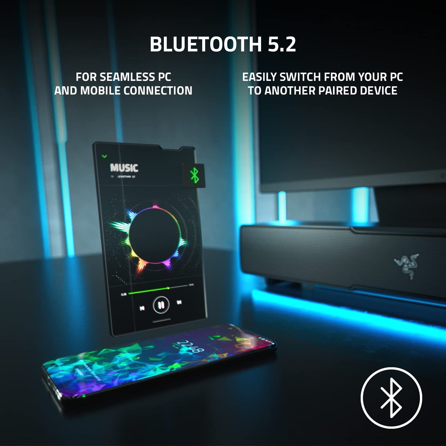 Razer Leviathan V2 X PC Soundbar with Full-Range Drivers - Compact Design - Chroma RGB - USB Type C Power and Audio Delivery - Bluetooth 5.0 - for PC, Laptop, Smartphones, Tablets & Nintendo Switch