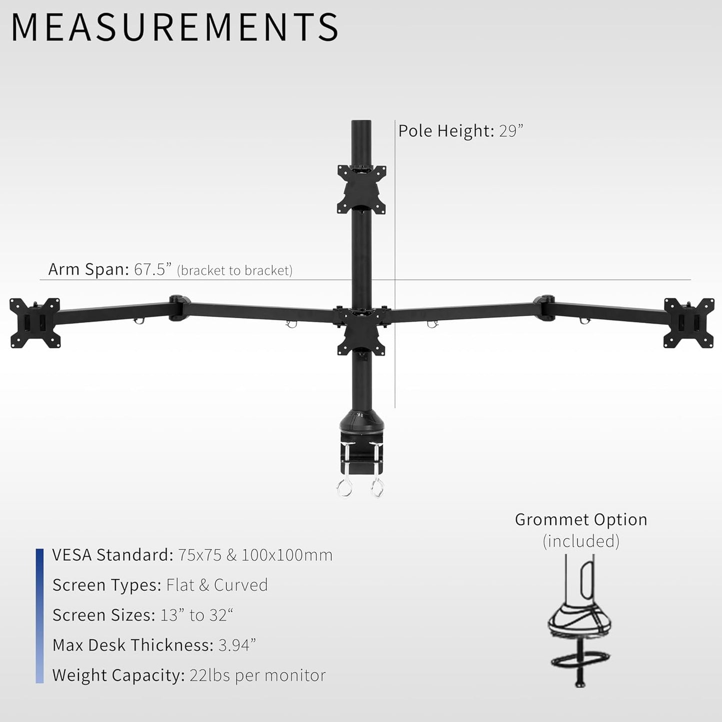 VIVO Quad Monitor 13 to 32 inch LED LCD Clamp-on Desk Mount, 3 Plus 1 Articulating VESA Computer Stand, Holds 4 Screens, Fully Adjustable for Home Office Workstation, Black, STAND-V104A