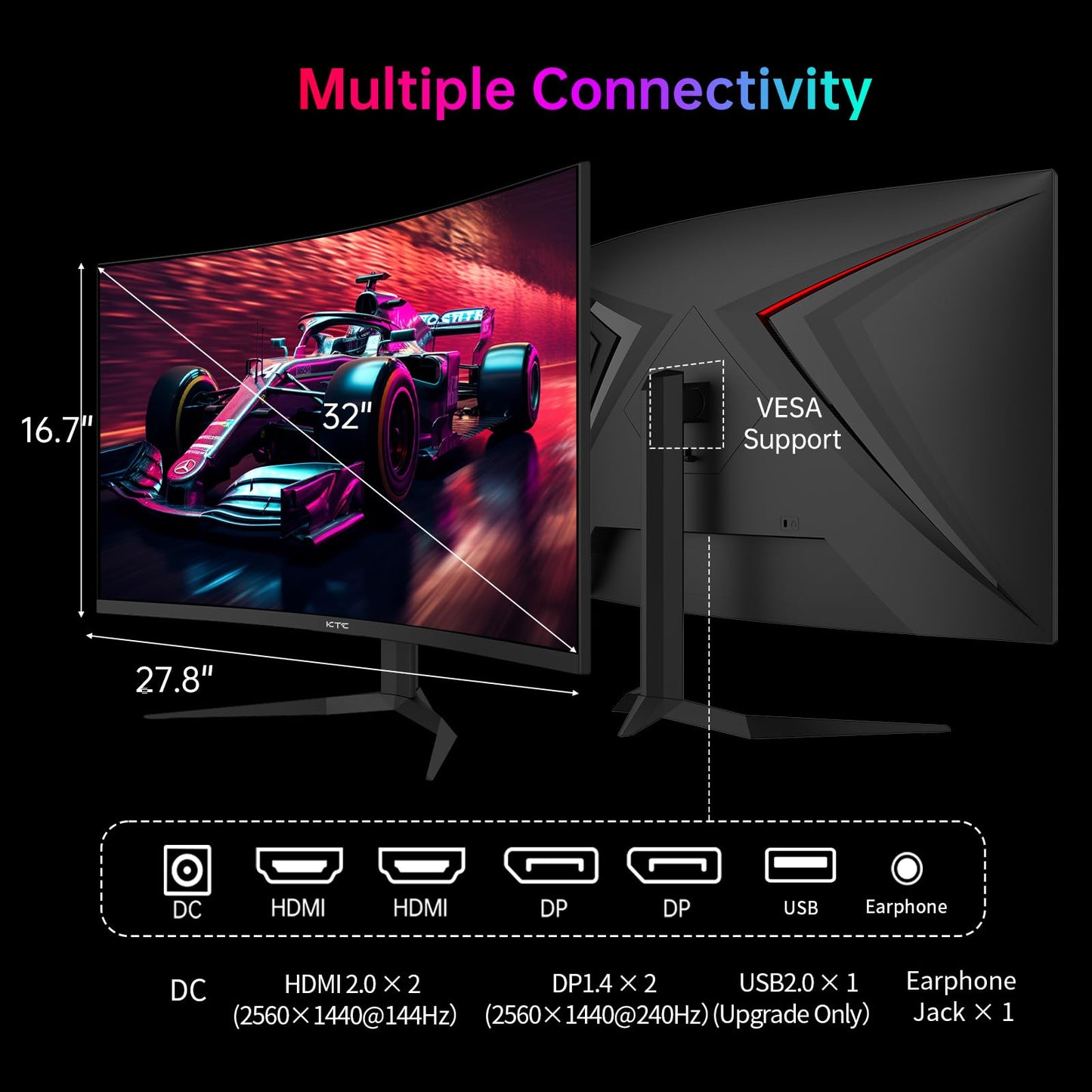 KTC 27 inch 4K 144Hz Gaming Monitor, UHD 3840 x 2160 IPS Computer PC Monitor, FreeSync & G-Sync, HDR Support, 134% sRGB, HDMI/DisPlayPort/USB, Tilt Adjustable, VESA Mountable, H27P22