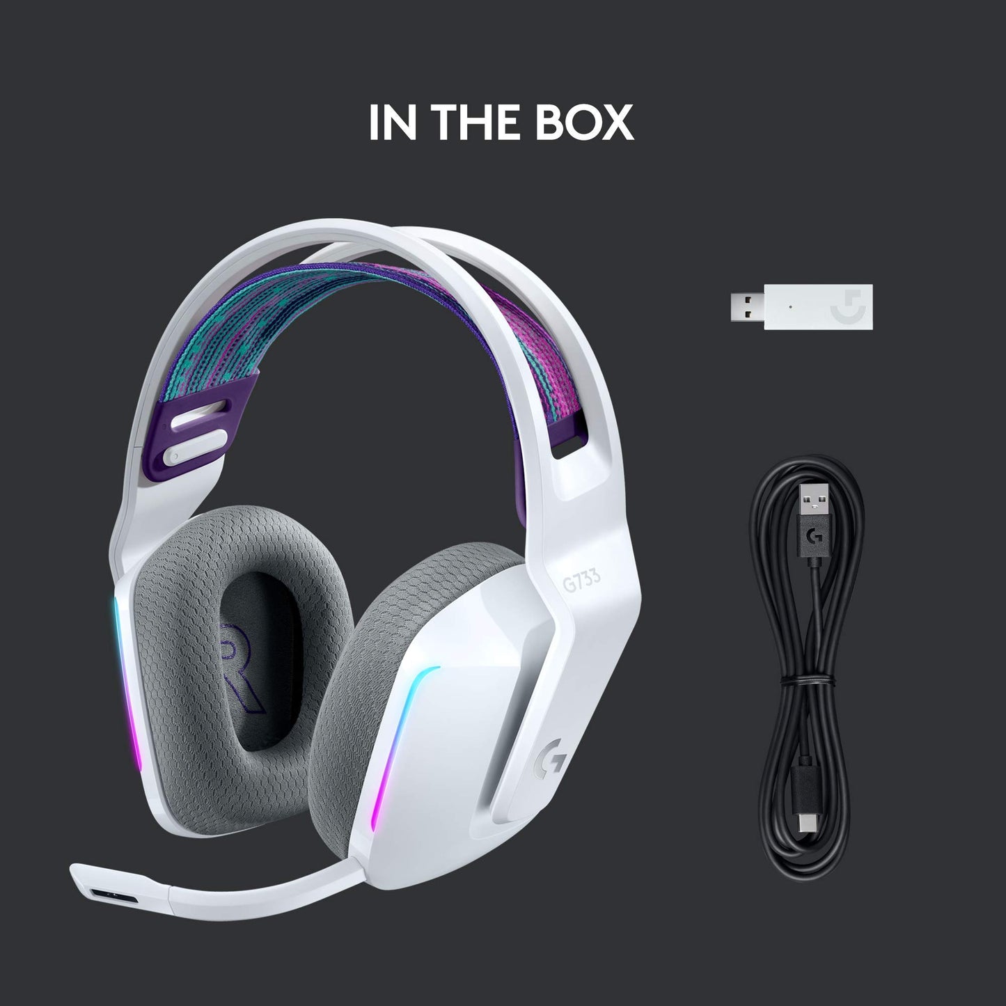 Logitech G733 LIGHTSPEED Wireless Gaming Headset with suspension headband, LIGHTSYNC RGB, Blue VO!CE mic technology and PRO-G audio drivers - White