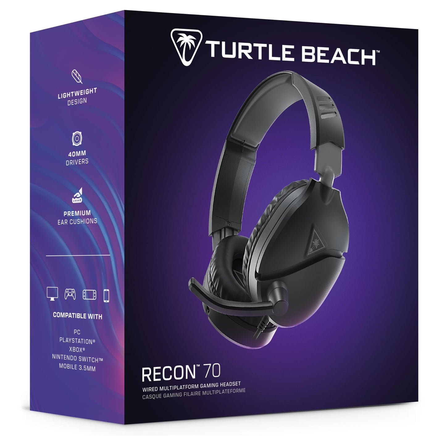 Turtle Beach Recon 70 Multiplatform Gaming Headset for PS5, PS4, Xbox Series X|S, Xbox One, Nintendo Switch, PC & Mobile w/3.5mm Wired Connection - Flip-to-Mute Mic, 40mm Speakers, Lightweight-Black