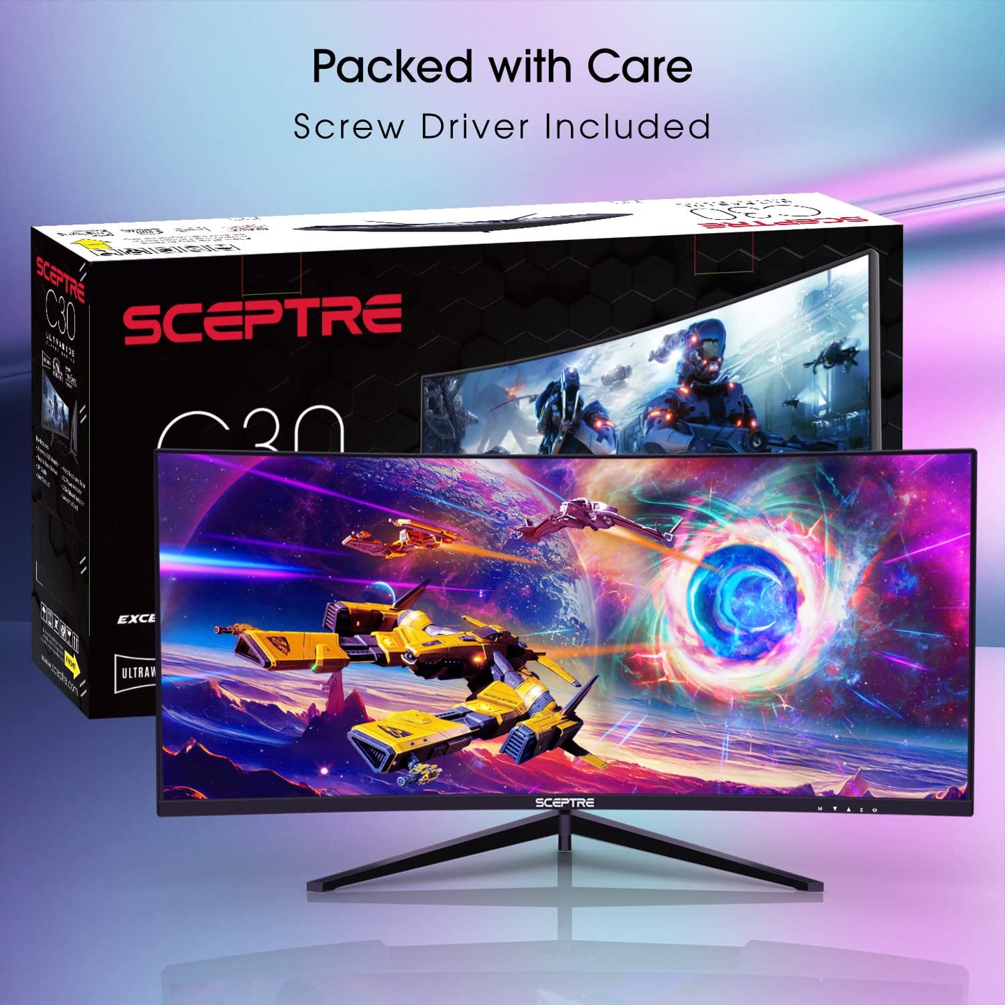 Sceptre 30-inch Curved Gaming Monitor 21:9 2560x1080 Ultra Wide/ Slim HDMI DisplayPort up to 200Hz Build-in Speakers, Metal Black (C305B-200UN1)