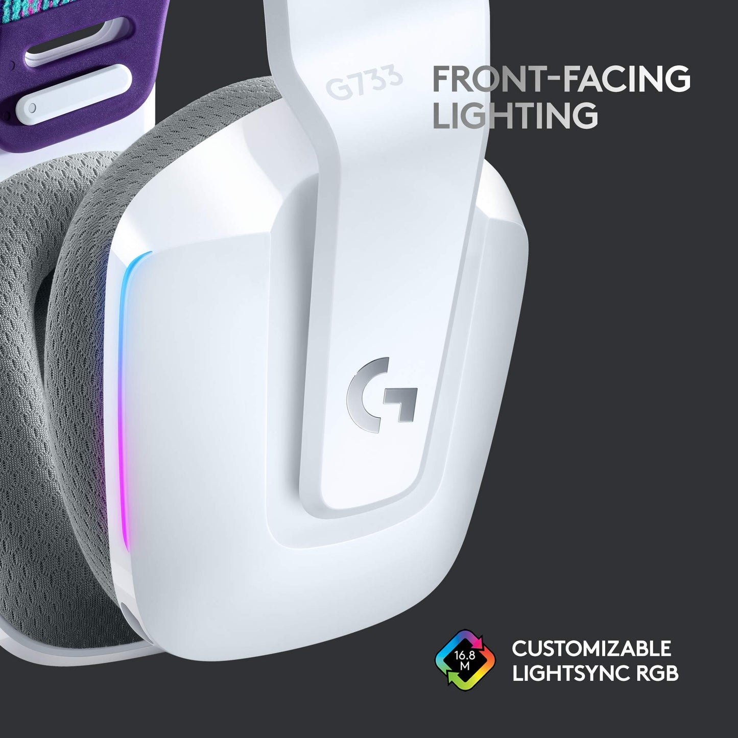 Logitech G733 LIGHTSPEED Wireless Gaming Headset with suspension headband, LIGHTSYNC RGB, Blue VO!CE mic technology and PRO-G audio drivers - White