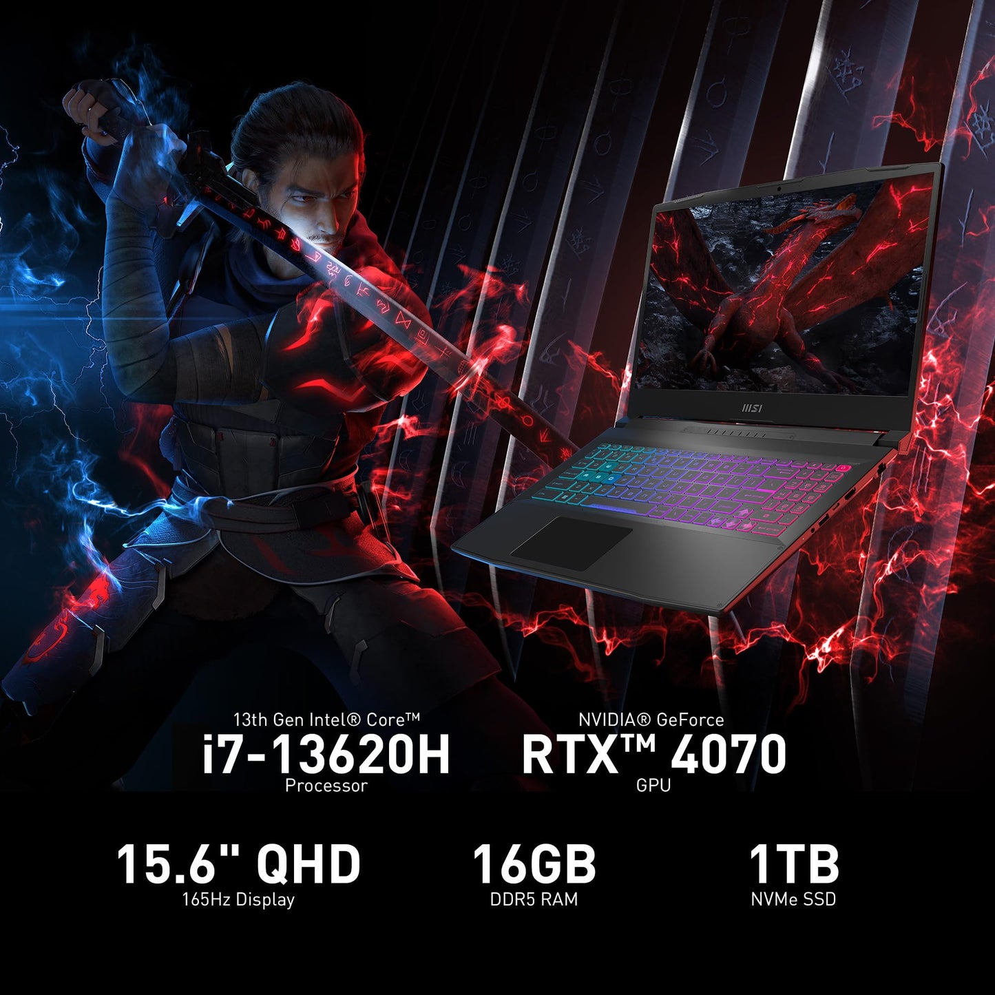 MSI Katana 15 15.6” 165Hz QHD Gaming Laptop: Intel Core i7-13620H, NVIDIA Geforce RTX 4070, 16GB DDR5, 1TB NVMe SSD, Cooler Boost 5, Win 11: Black B13VGK-2000US